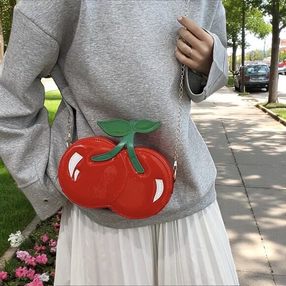 Cherry Red Mini Shoulder Bag Green Leaf Chain Strap - Picture 8 of 10